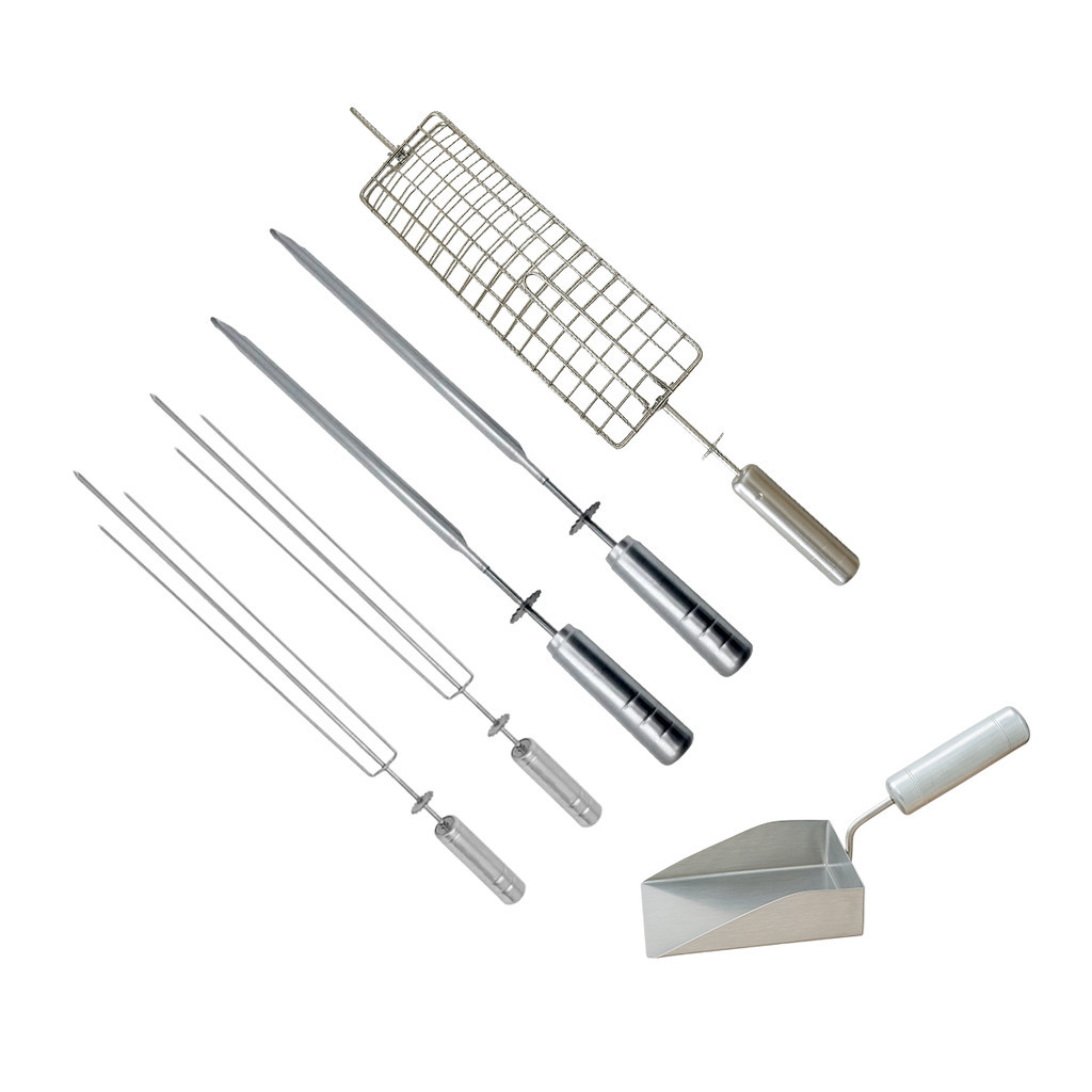 Conjunto 5 Espetos Grill Giratório Espada tridente espeto Grelha + Pá De Carvão inox