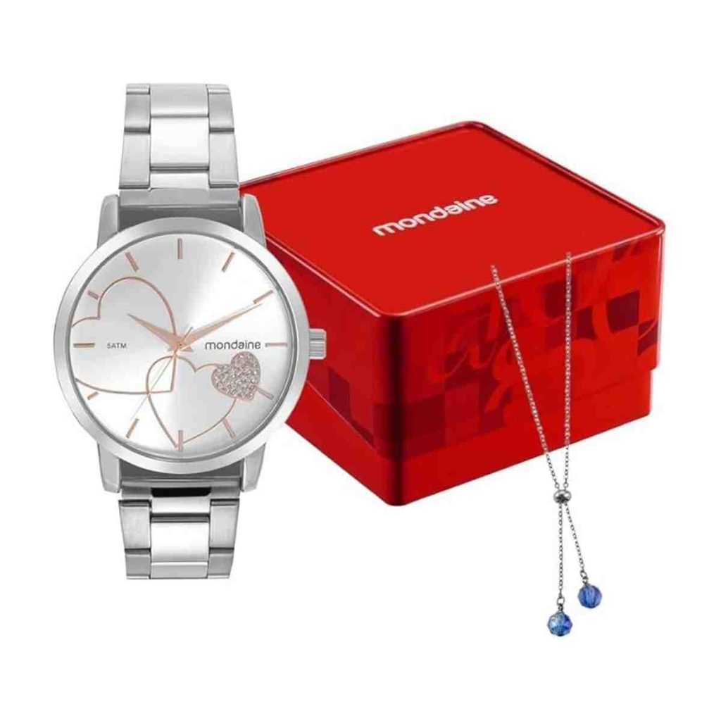 Kit Relógio + Colar e Brincos Mondaine Prata Feminino 99727L0MKNE2K2