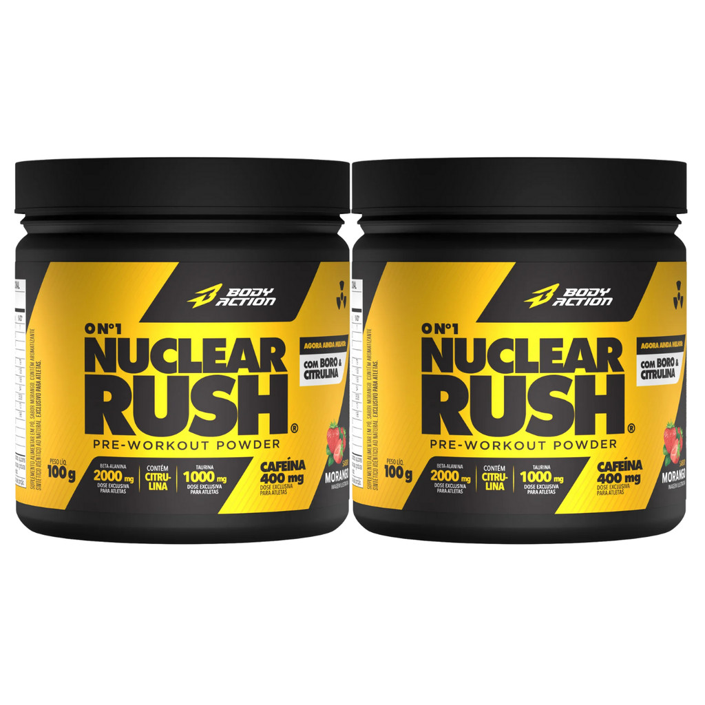 2x Pre treino Nuclear Rush Cafeína Body Action Morango 100g