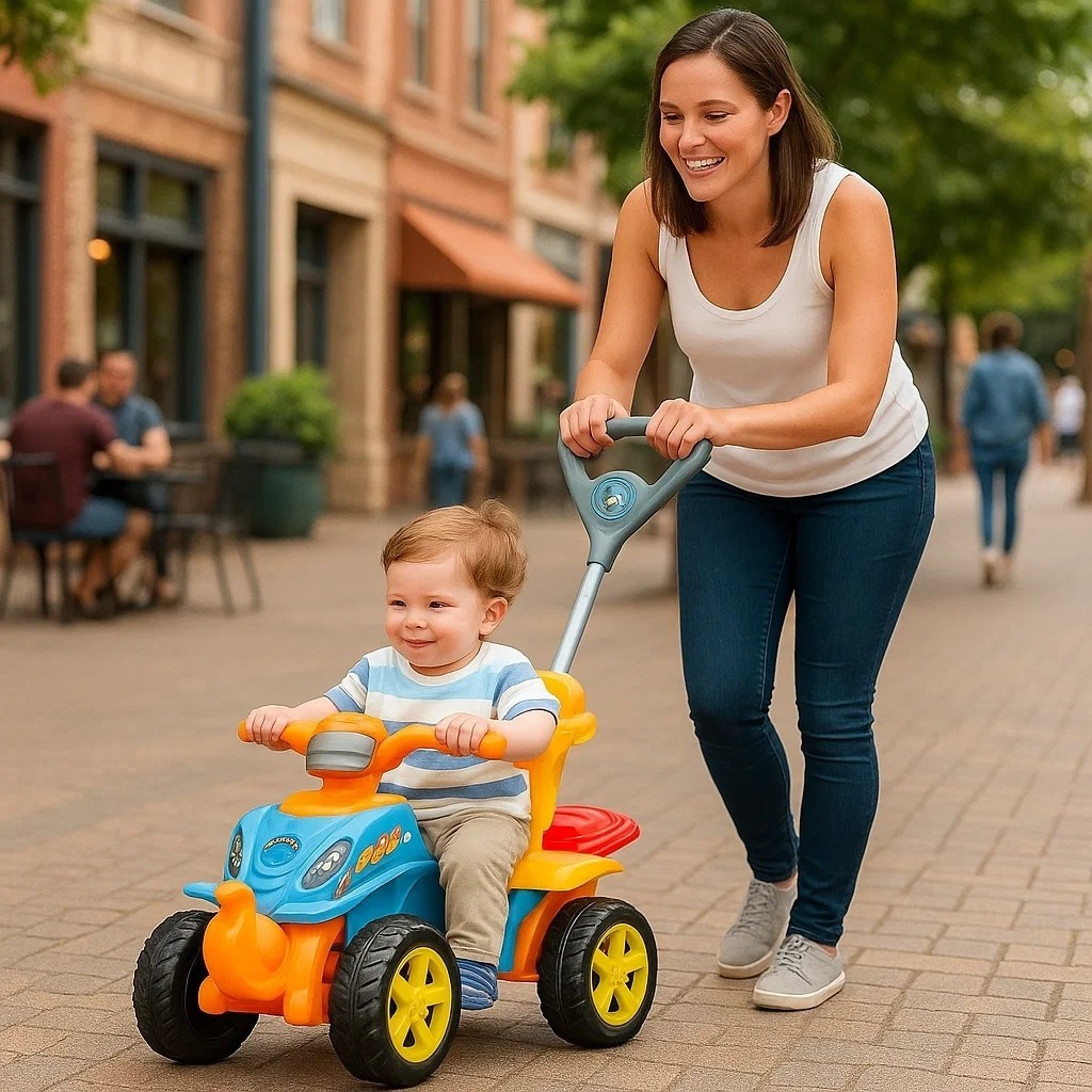 Quadriciclo infantil com pedal e guia empurrar brinquedo passeio criança