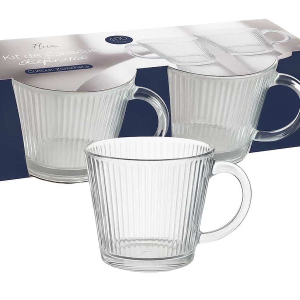 Kit 2 Canecas Vidro Canelado 400ml Conjunto Resistente Incolor Grafiatto Refinatta Chá Café