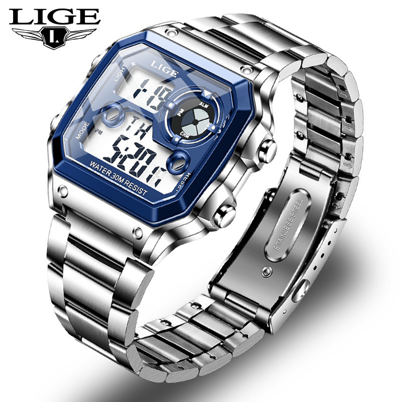 LIGE Relógio Para Homens Moda Quartzo LED Digital Luminoso À Prova D'água De Aço Inoxidável Com Caixa