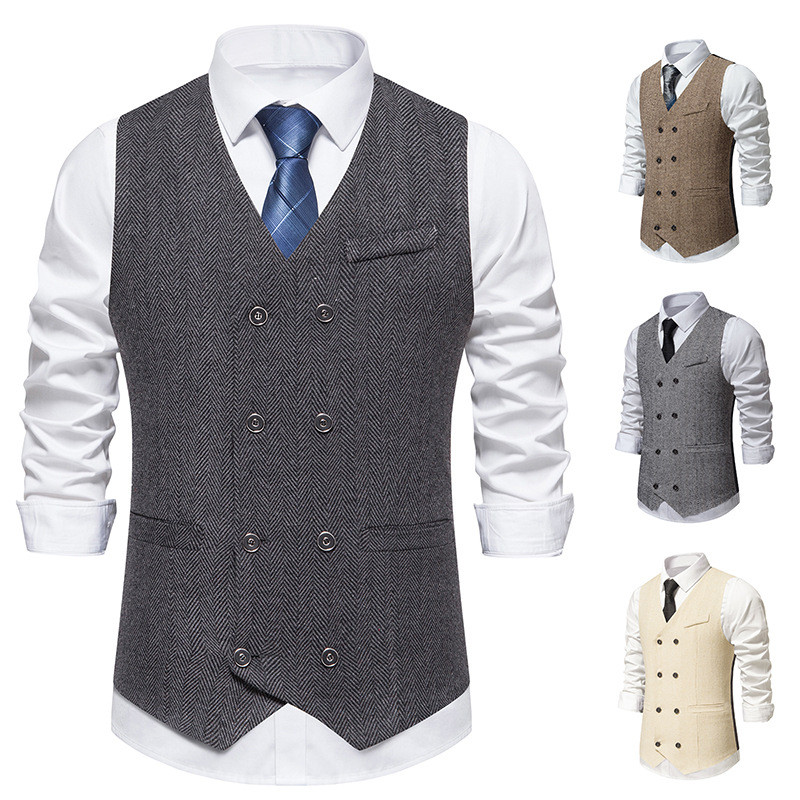 Colete Masculino Slim Fit Sem Mangas Lã Tweed Duplo Breasted Espinha De Peixe Negócios Casual