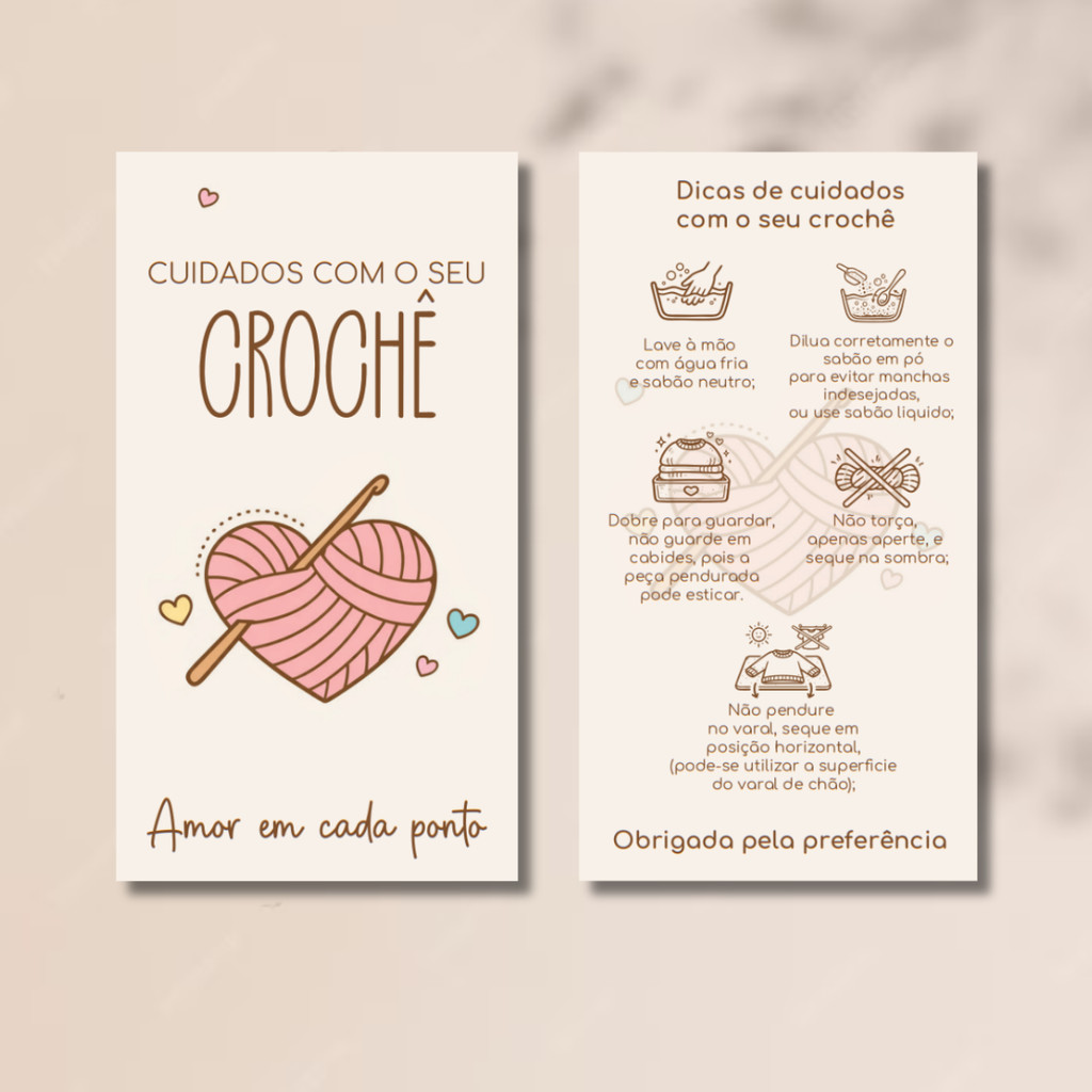 Kit 50un 100un Cartão de Cuidados com Crochê 5x9cm Papel Couchê 250g Pronta Entrega