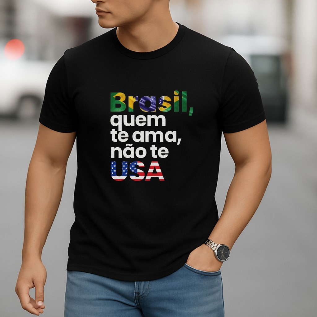 Camisa Masculina Algodão Frase Irônica Política Brasil EUA Estampa Nacional Protesto Bolsonaro Patria