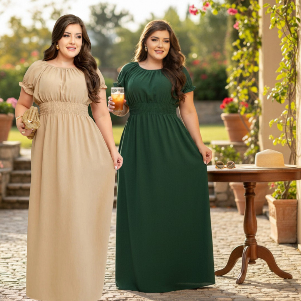 Kit 2 Vestidos Longo Plus Size Moda Evangélica Igreja Gestante Grávida Chá Revelacao Luxo Ciganinha