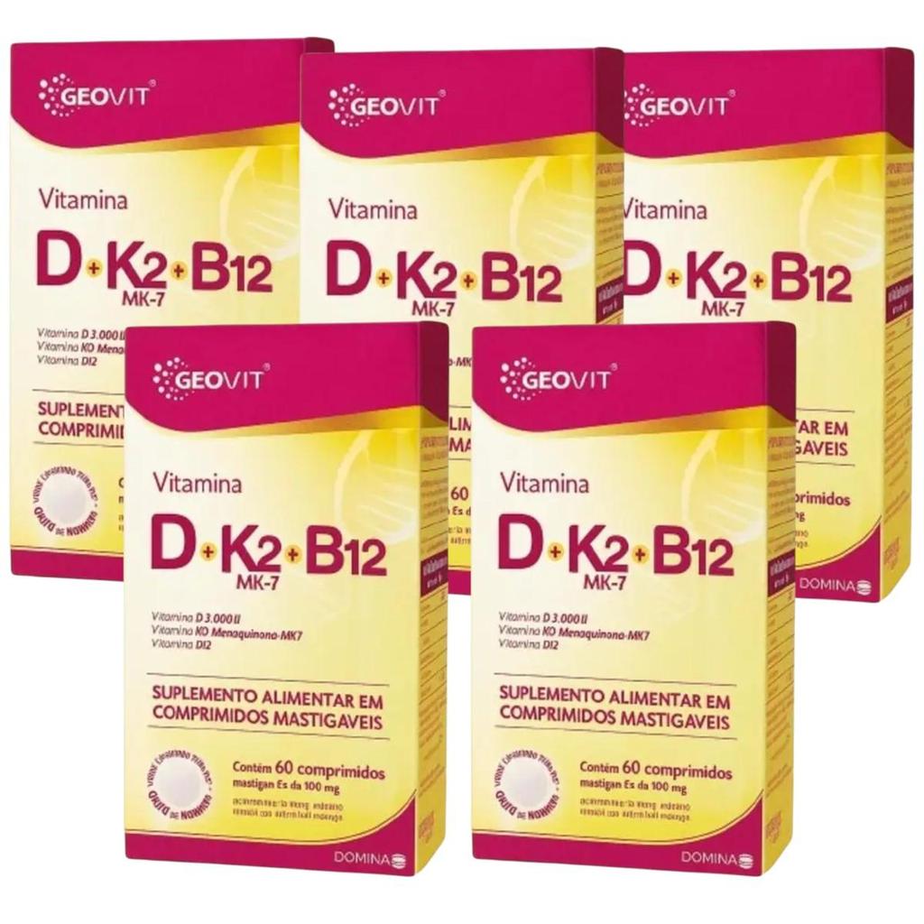 Kit Vitamina D+k2 MK-7+B12 Sabor Morango Geovit Com 5 Caixas De 60 Comprimidos Mastigáveis Cada
