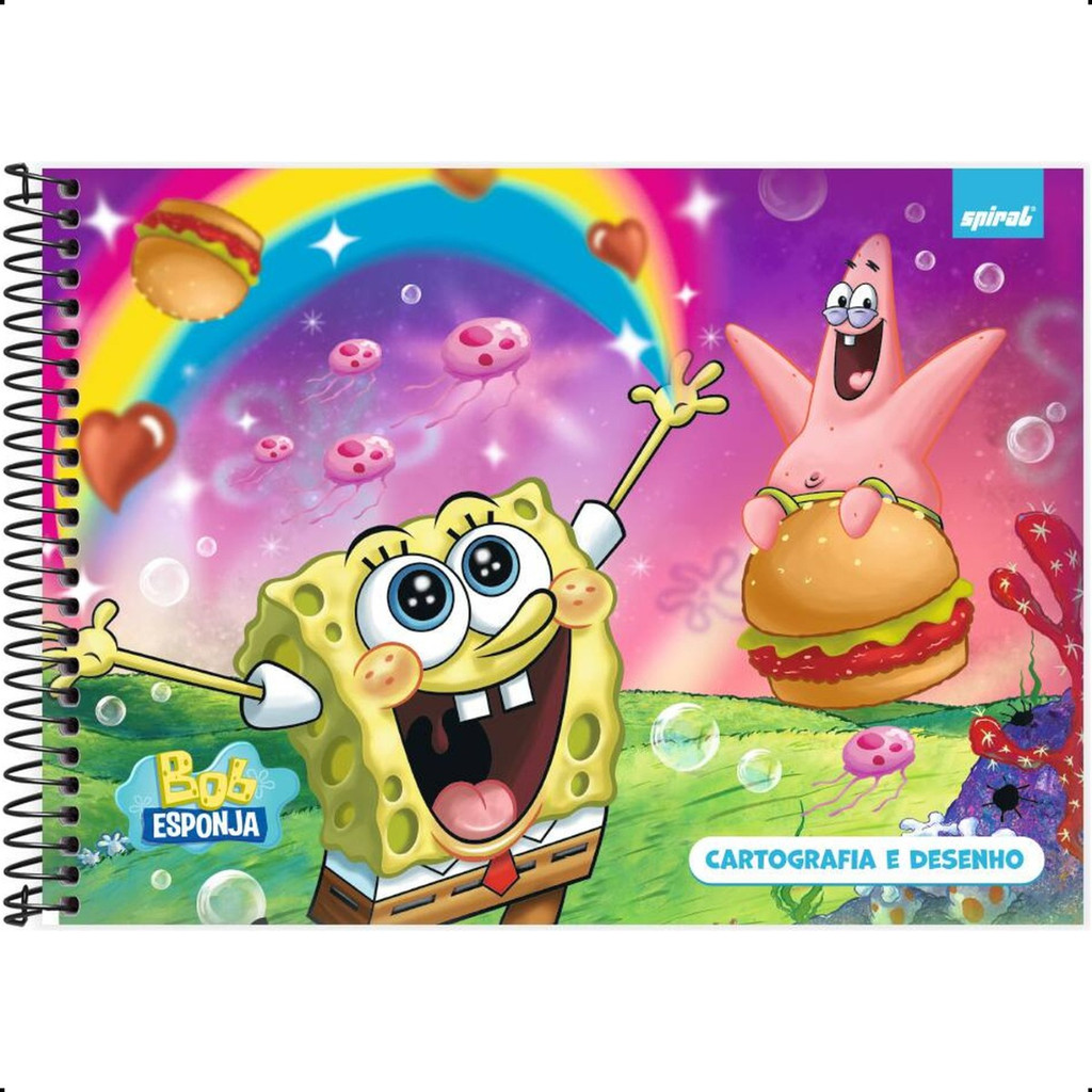 Caderno de Desenho Bob Esponja Cartografia 48 Folhas Capa Dura Patrick Hamburguer de Siri Água-viva