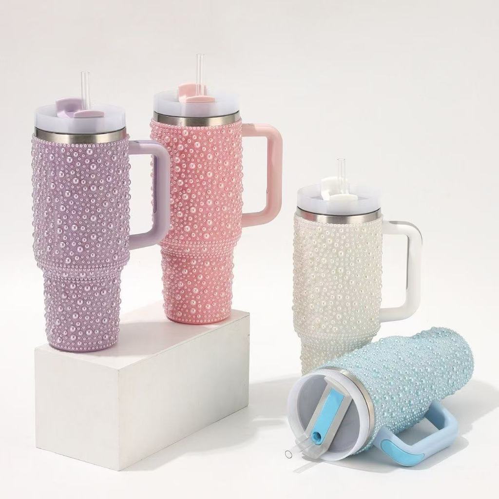 Copo Térmico 1200ml de Aço Inoxidável Strass Brilhante Com Tampa e Canudo