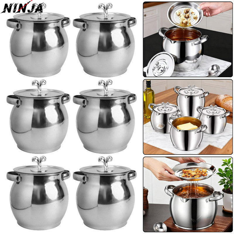 Lata De Armazenamento De Óleo De Aço Inoxidável 1500ML-Filtro De Banha De Cozinha-Com E Colher-Grande Capacidade-Pote À