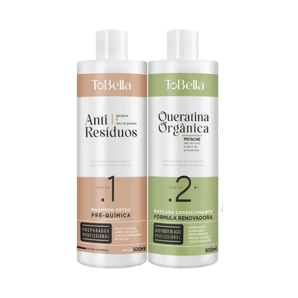 Kit Escova Progressiva | Queratina Organica Tobella Selagem de Pistache Máscara + Shampoo - 2x500ml