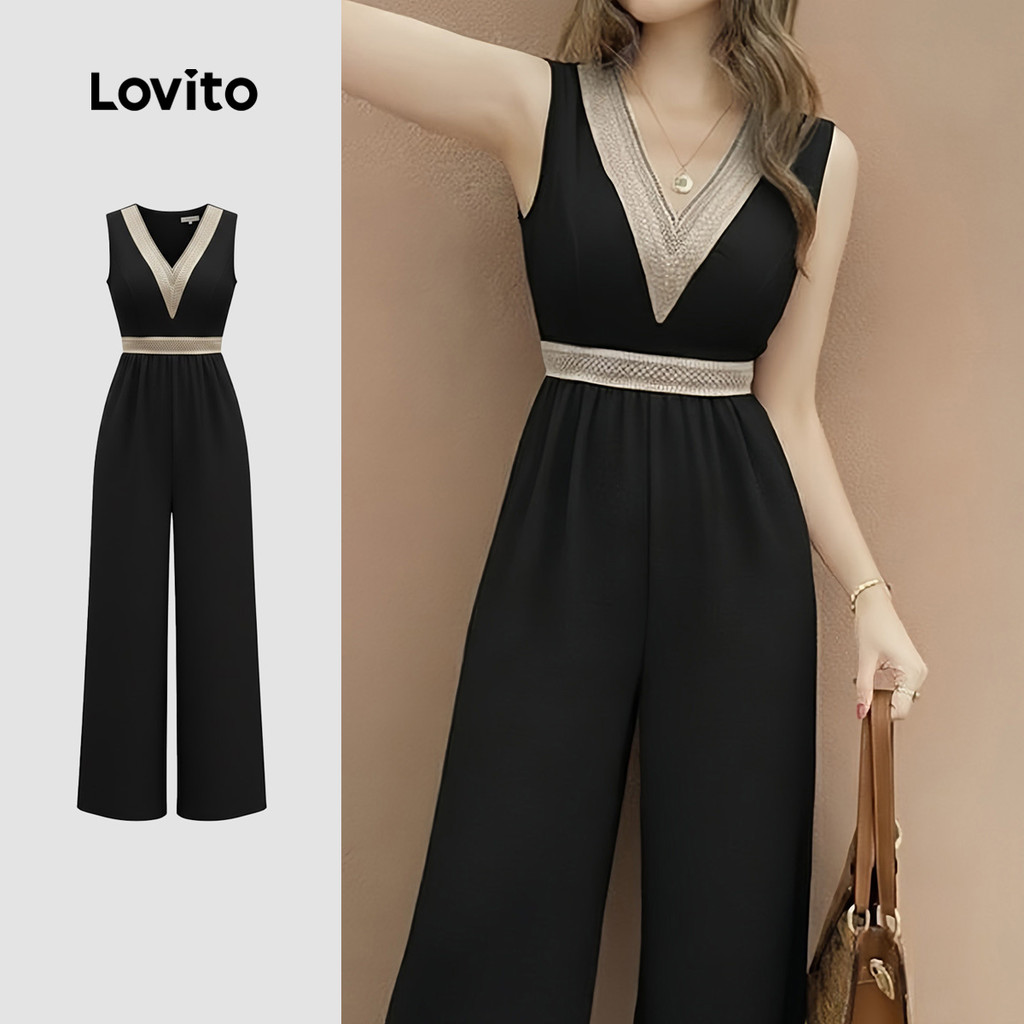 Lovito Macacão Boho Babado Decote Primavera/verão Macacão Preto para Mulheres LK2ED088 em Oferta na Shopee