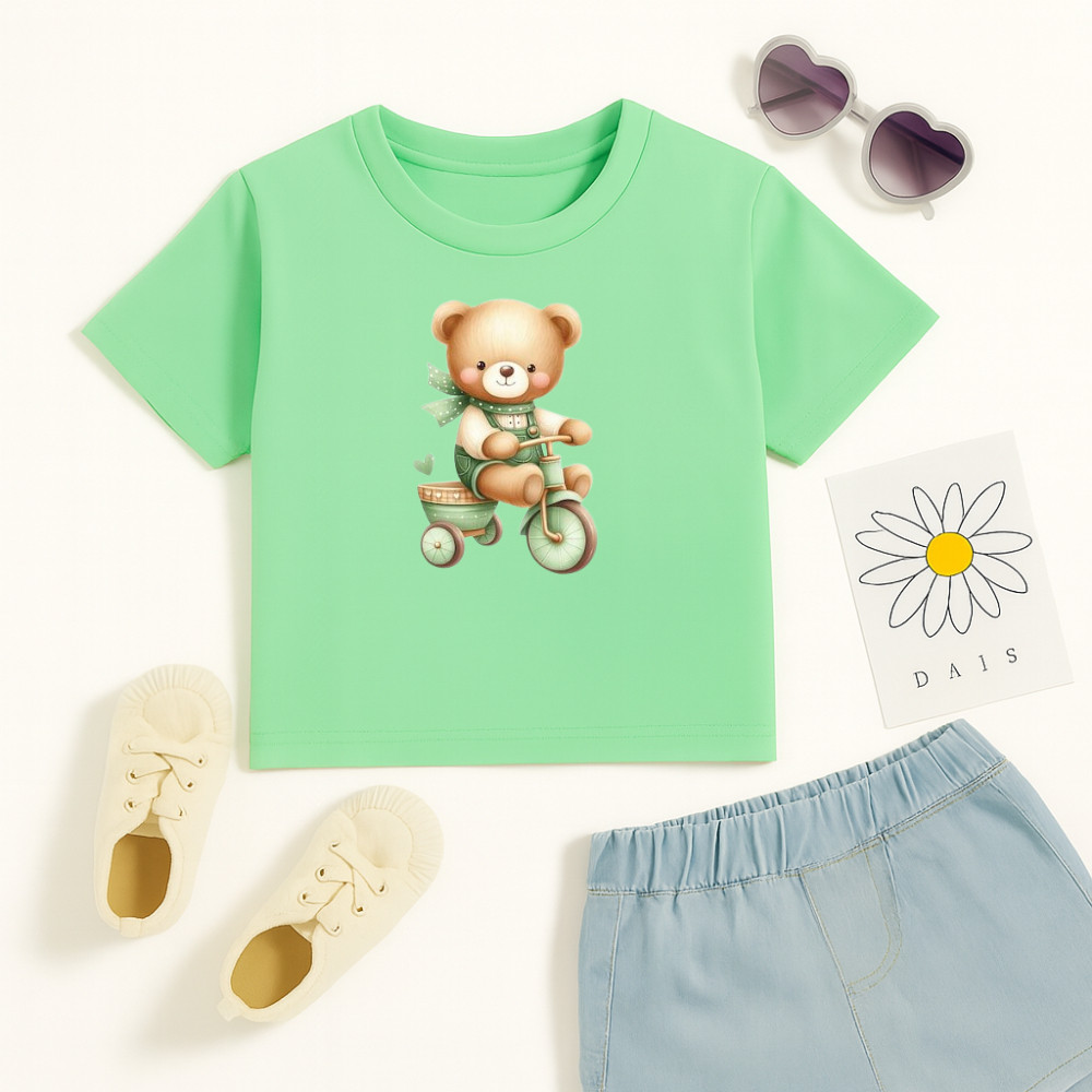 Camiseta Algodão Infantil Estampado Ursinho na Bicicleta 939 Blusa Unissex Delicada Fofa Manga Curta
