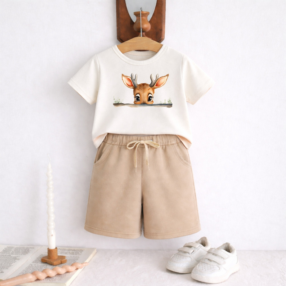Conjunto Infantil Masculino Camiseta Algodão + Short Moletinho Estampado Cervo Escondido 956 Kit