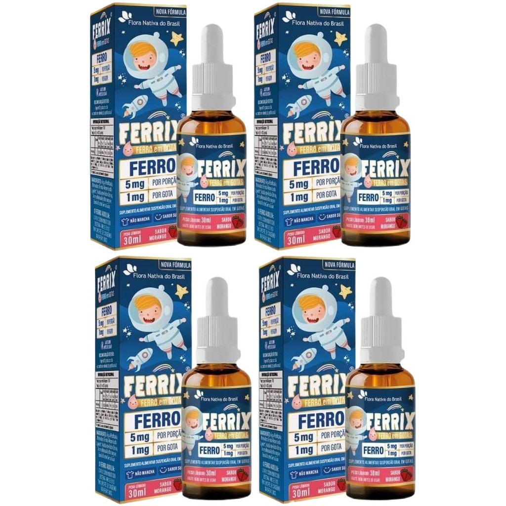 Kit Com 4 - FERRIX Suplemento de Ferro em Gotas Kids 30ml + 1 Vitamim C+