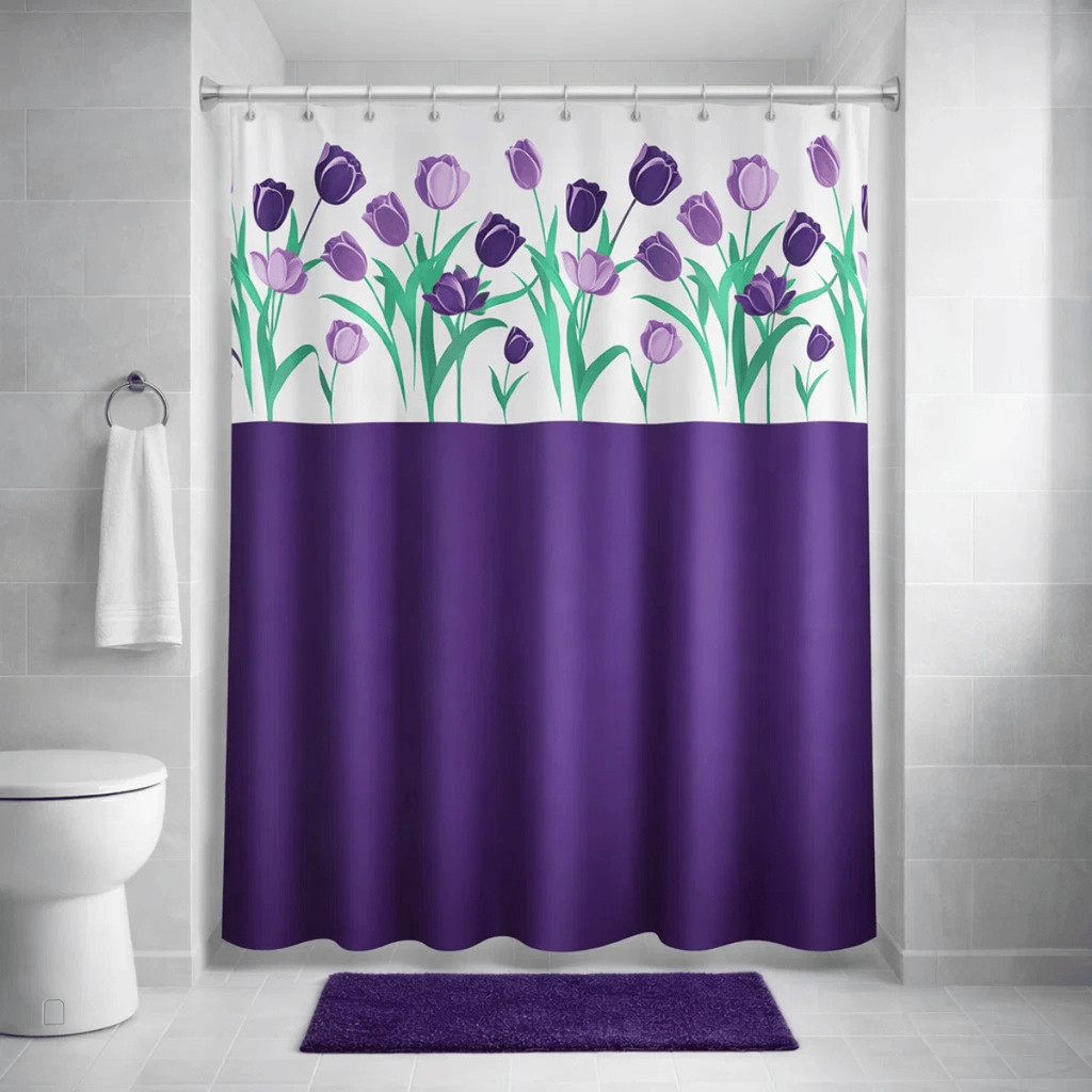 Cortina para Box Tulipas 1,35x2m Lilás com Visor - PlastLeo / Prático  / Versátil Banheiro Elegante