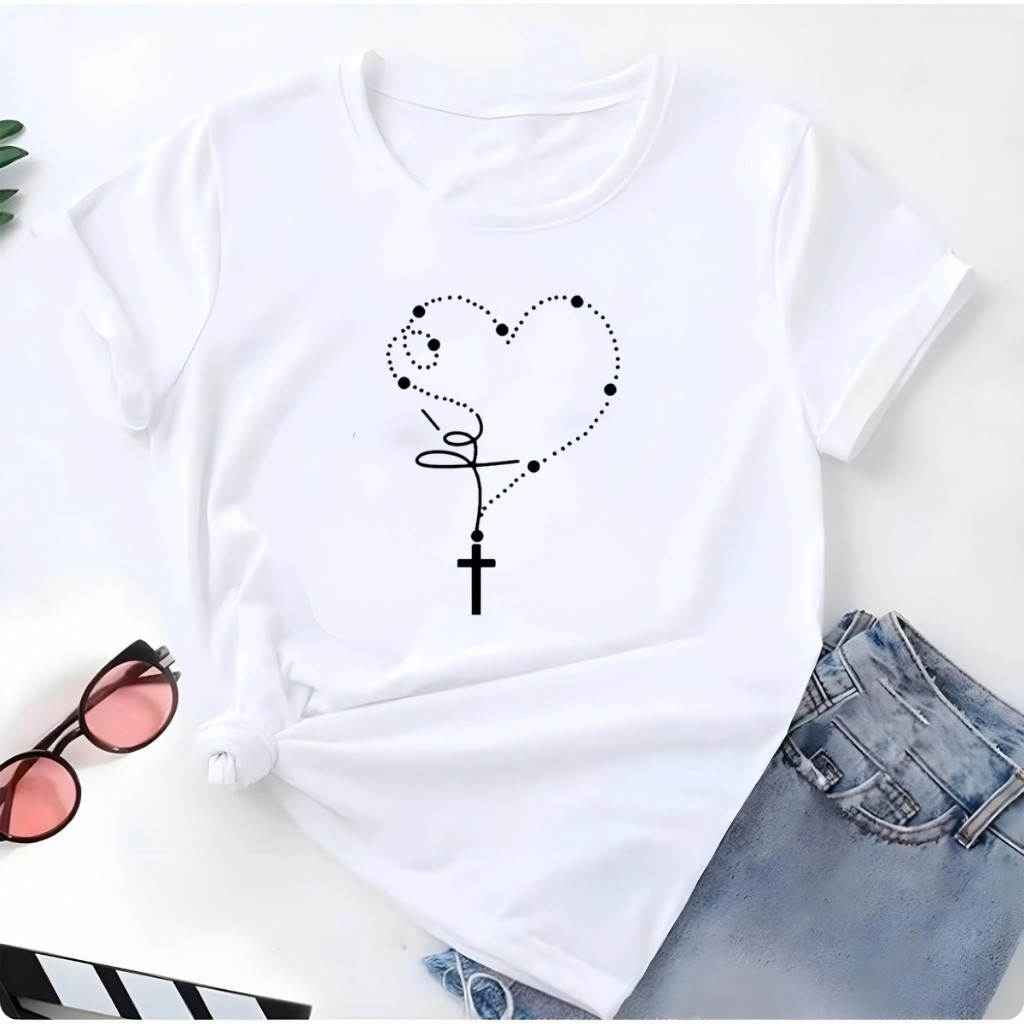 T-shirt Feminina Estampada Fé Terço Coração Jesus Camisa 100% em Algodão Envio Imediato NB the Shirt
