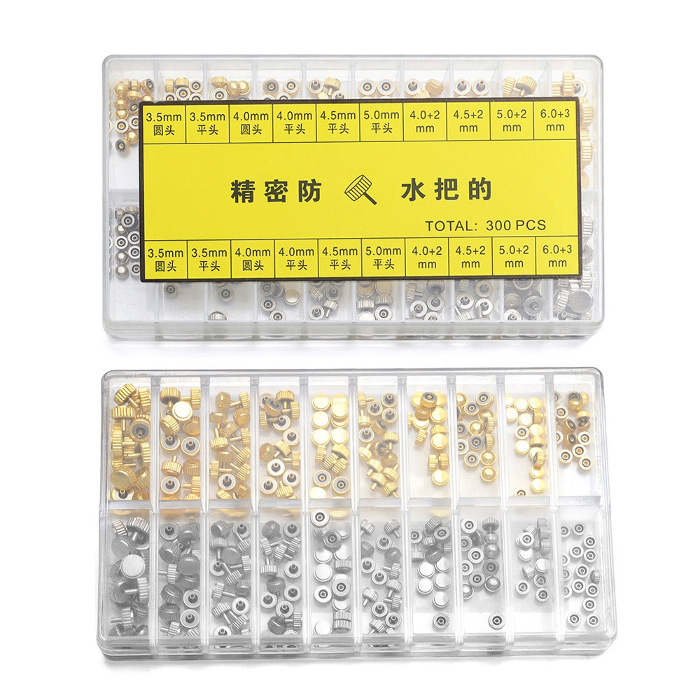 100 Pçs/300 À Prova Dwaterproof Água Relógio Coroa Parte Substituição Sortido Ouro Prata Aço Inoxidável Kit De Ferrament