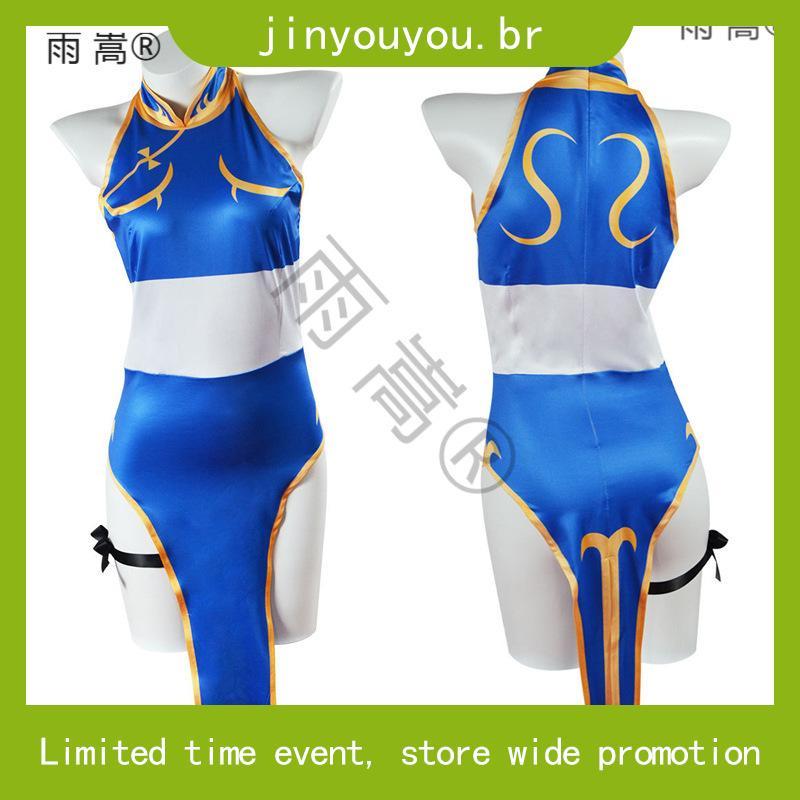 Street Fighter Chun Li Cosplay Jogo Chunli Azul Cheongsam Com Cocar E Cintura Traje De Halloween