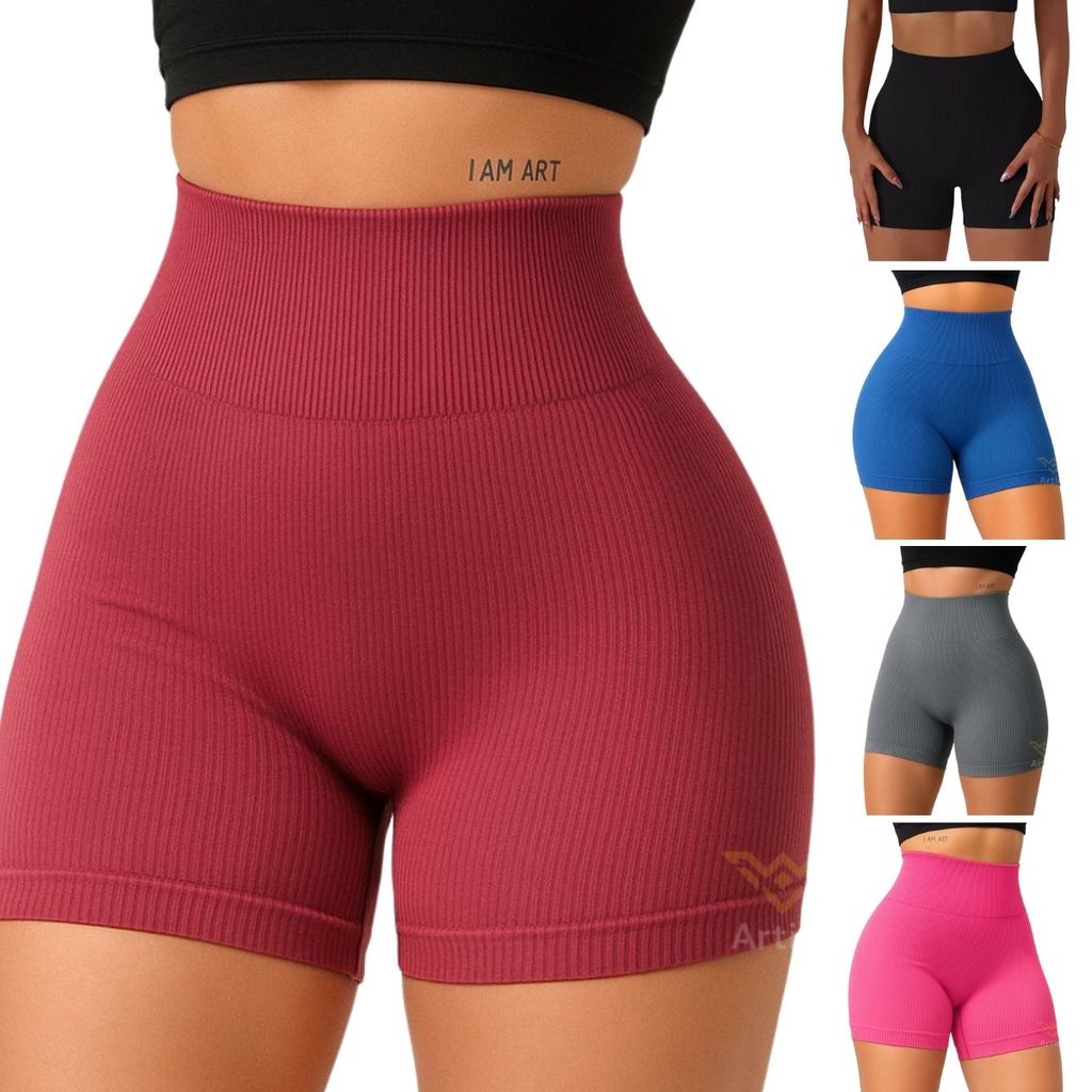 Kit 2 Short Feminino Fitness Cintura Alta Canelado Secagem Rápida Zero Transparente Esportivo