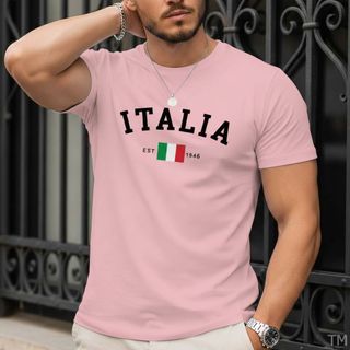 Camiseta Básica Casual de Gola Redonda Masculina Estampa Italia Street Malha Respirável