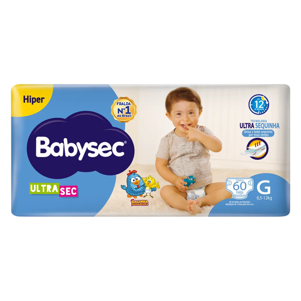 Pack 1x Fralda BabySec Ultrasec Hiper G com 60 Fraldas Galinha Pintadinha Econômica- Barreiras antivazamento