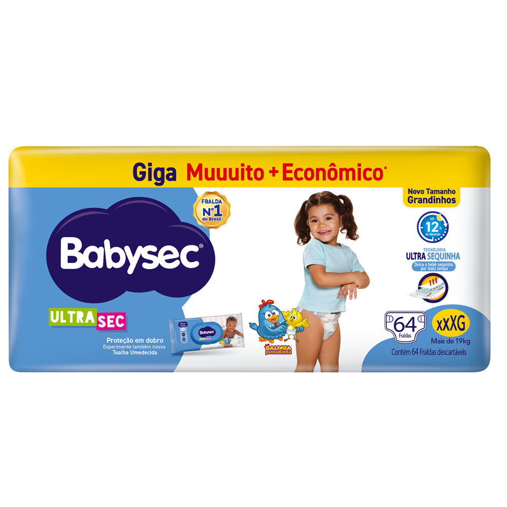 Pack 1x Fralda BabySec Galinha Pintadinha Ultrasec XXXG Giga – 64 Unidades- Barreiras antivazamento