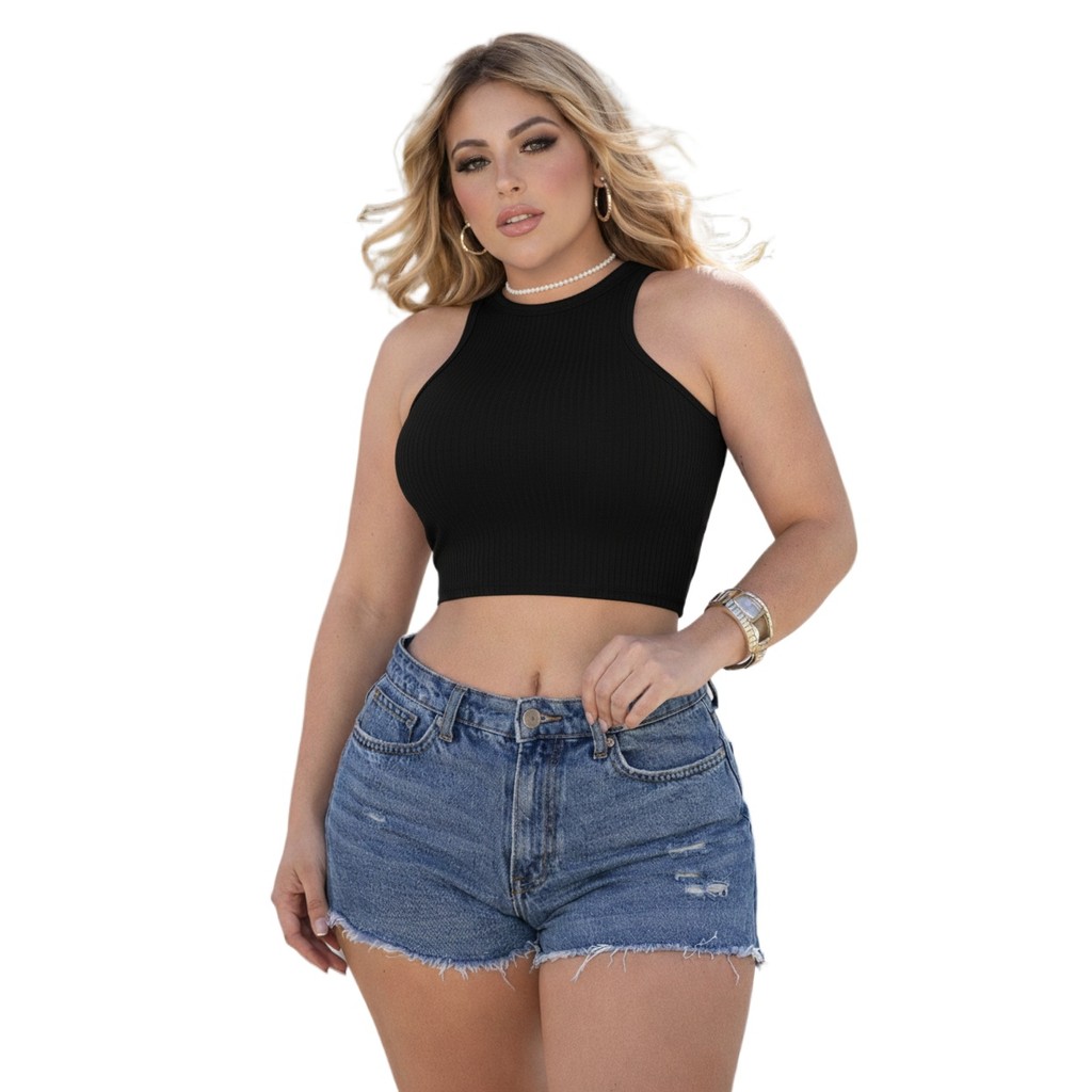 Cropped Blusinha Com Bojo Canelado Regata Lisa Elegante Estilosa Da Moda
