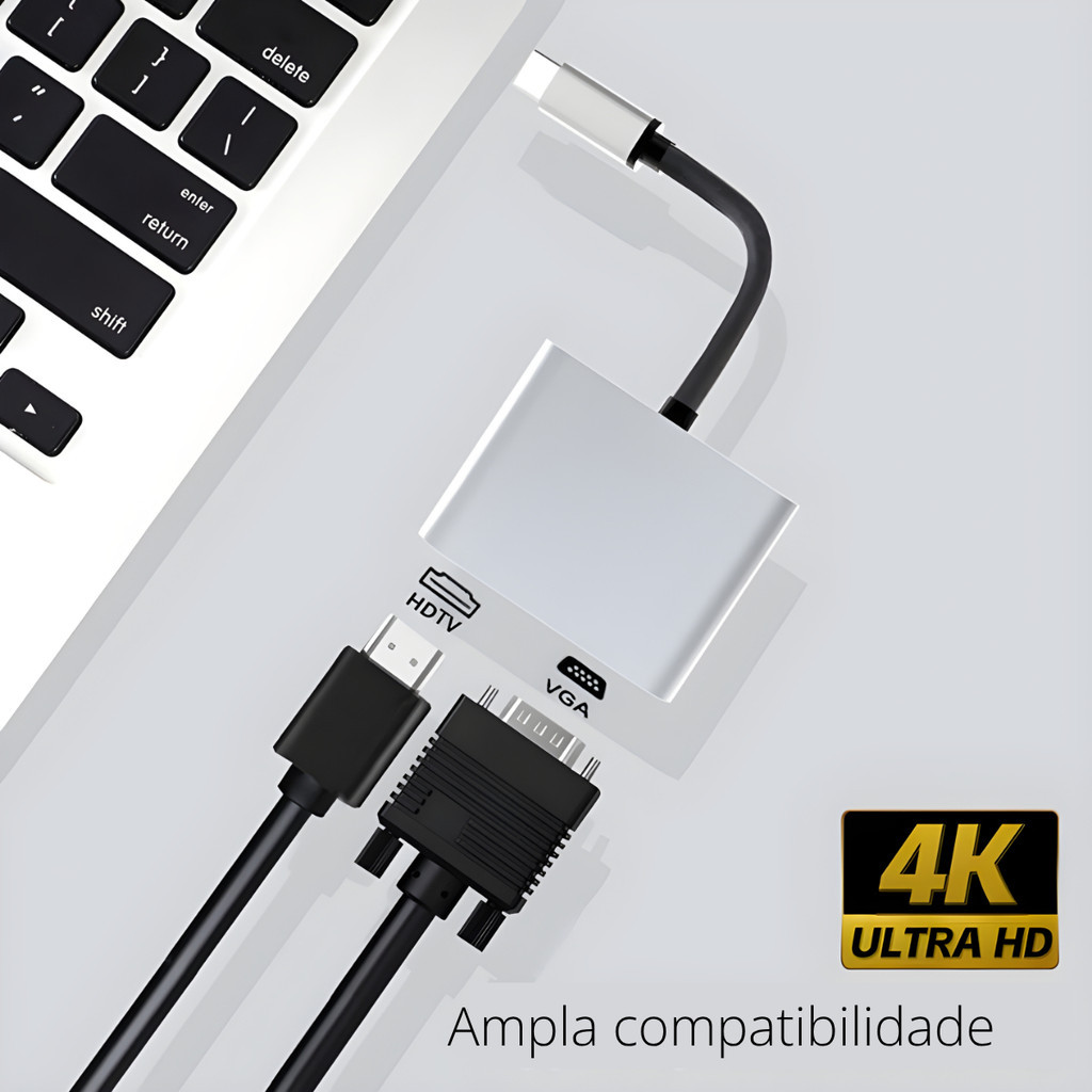 Adaptador Conversor USB Tipo C para HDMI e VGA 2 em 1 Ultra HD 4K para PC MacBook Notebook
