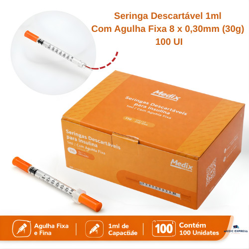 Kit Seringa Insulina Botox Estéril 1ml 8x0,30mm Agulha Fixa 30g (Medix) em Oferta na Shopee