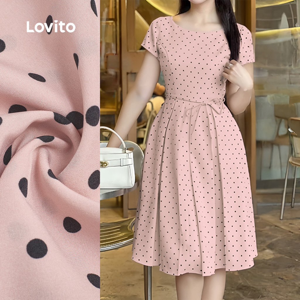 (Elegante) Lovito Vestido Rosa Primavera/verão Feminino com Renda e Pregas Borda