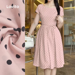 (Elegante) Lovito Vestido Rosa Primavera/verão Feminino com Renda e Pregas Bordado L177ED383