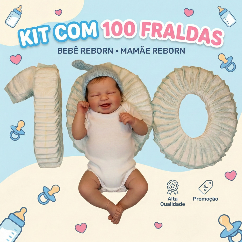 Kit 100 Fraldas Descartáveis Boneca Bebê Mamãe Reborn