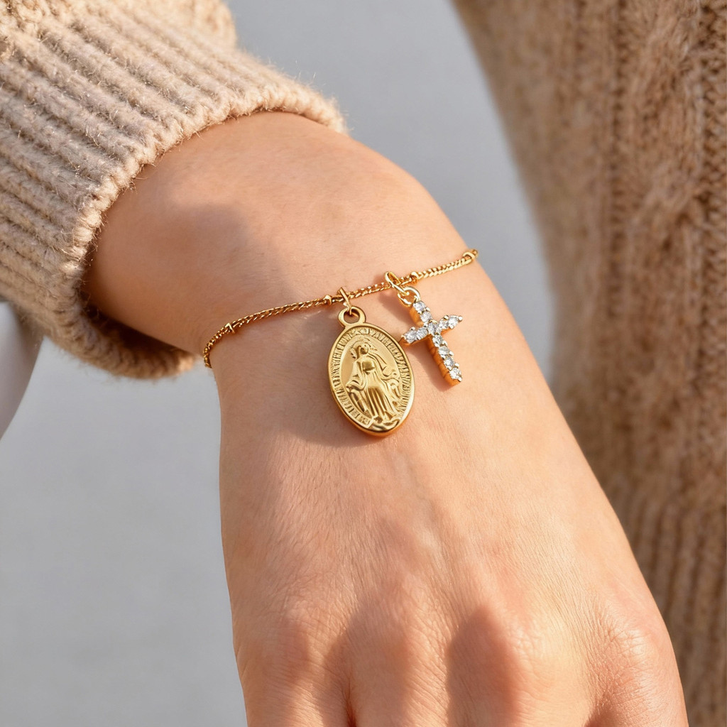 Pulseira Vnox De Aço Inoxidável Santa Mãe Zircão Cruz 18K Corrente De Ouro Faith Para Mulheres E Meninas