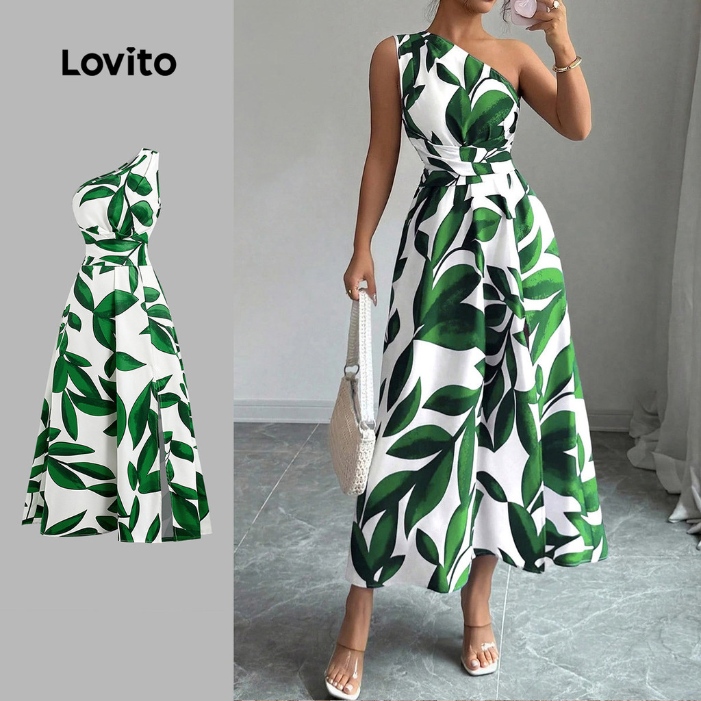 Lovito Vestido Boho assimétrico dividido com cinto primavera/verão vestido verde para mulheres LBL32260