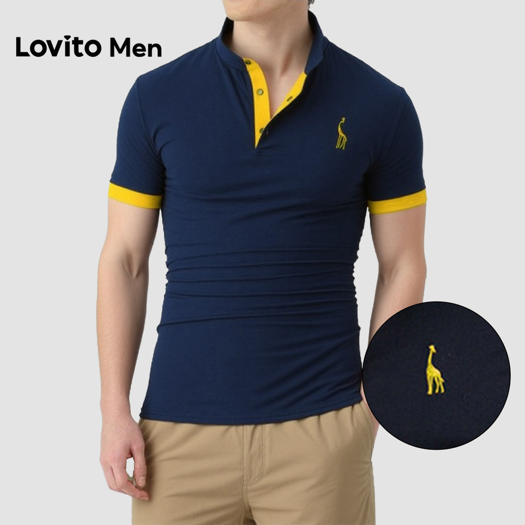 Lovito Men  Camisa Polo Casual Colorida com Botão Bordado Primavera/verão Azul Marinho para Homens LNE131139 em Oferta na Shopee