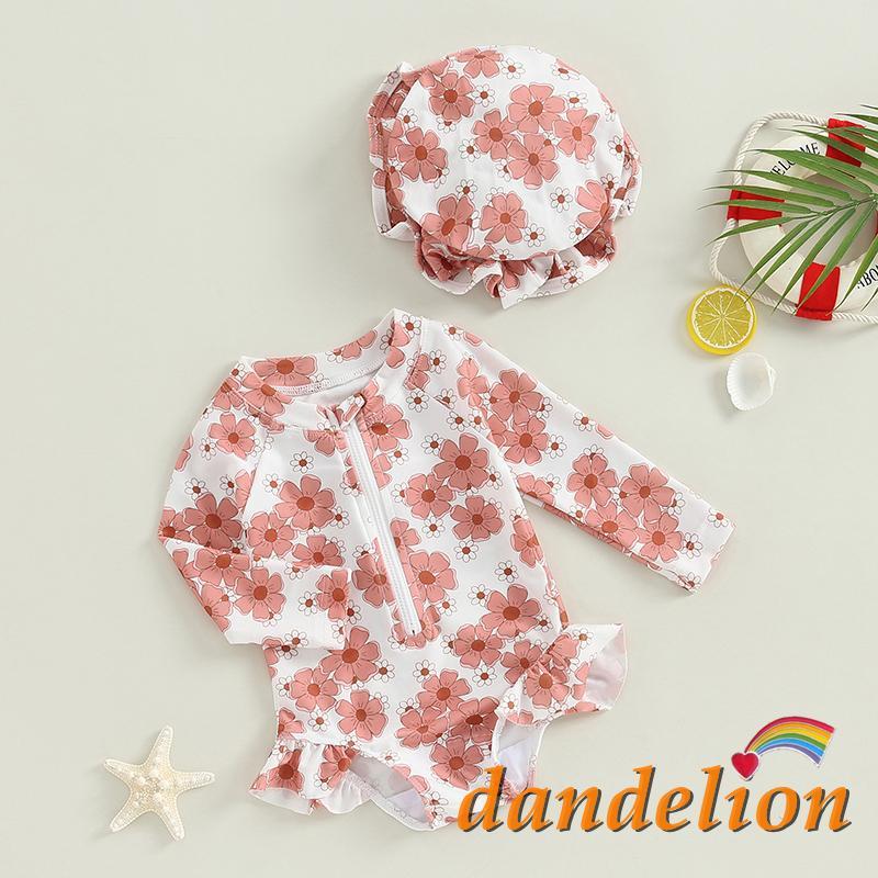 Maiô Para Bebês Meninas Manga Comprida Estampa Floral Biquíni Com Zíper E Chapéu Roupa De Banho Recém-Nascidos De Verão