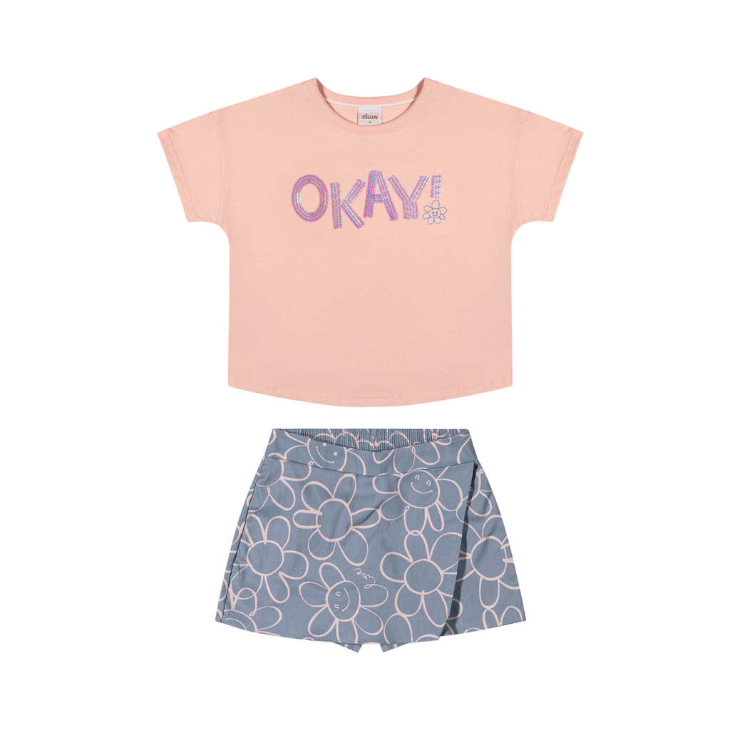 Conjunto Infantil Menina Blusa e Short Saia Floral Elian Rosa