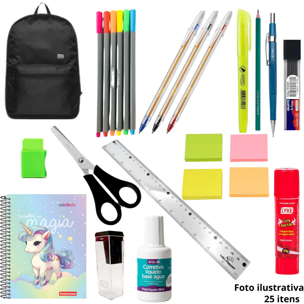 Kit Escolar Econômico 25 Itens com Mochila Juvenil e Materiais essenciais Completo
