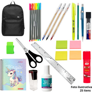 Kit Escolar Econômico 25 Itens com Mochila Juvenil e Materiais essenciais Completo em Oferta na Shopee