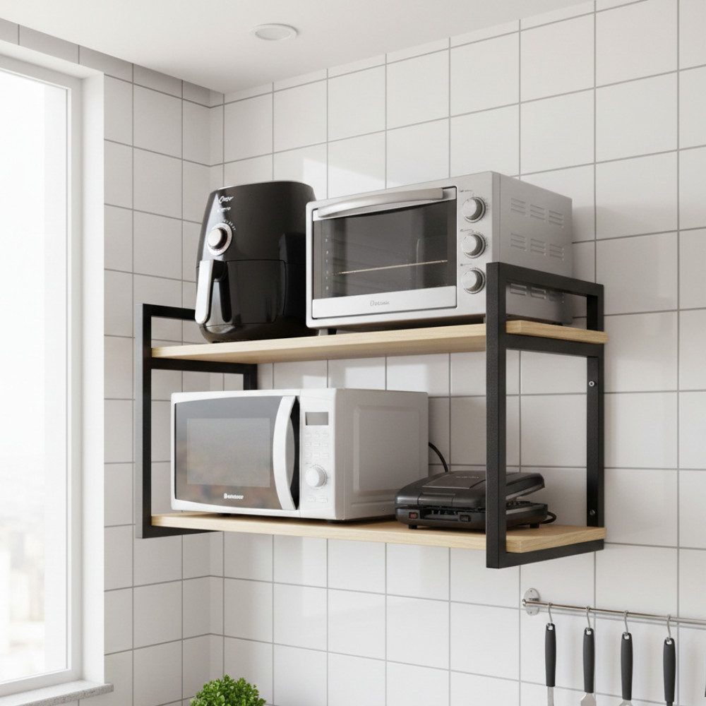 Prateleira de Parede 80cm Suporte Microondas Forno Air frier Nicho Industrial- Metalon Madeira Pinus