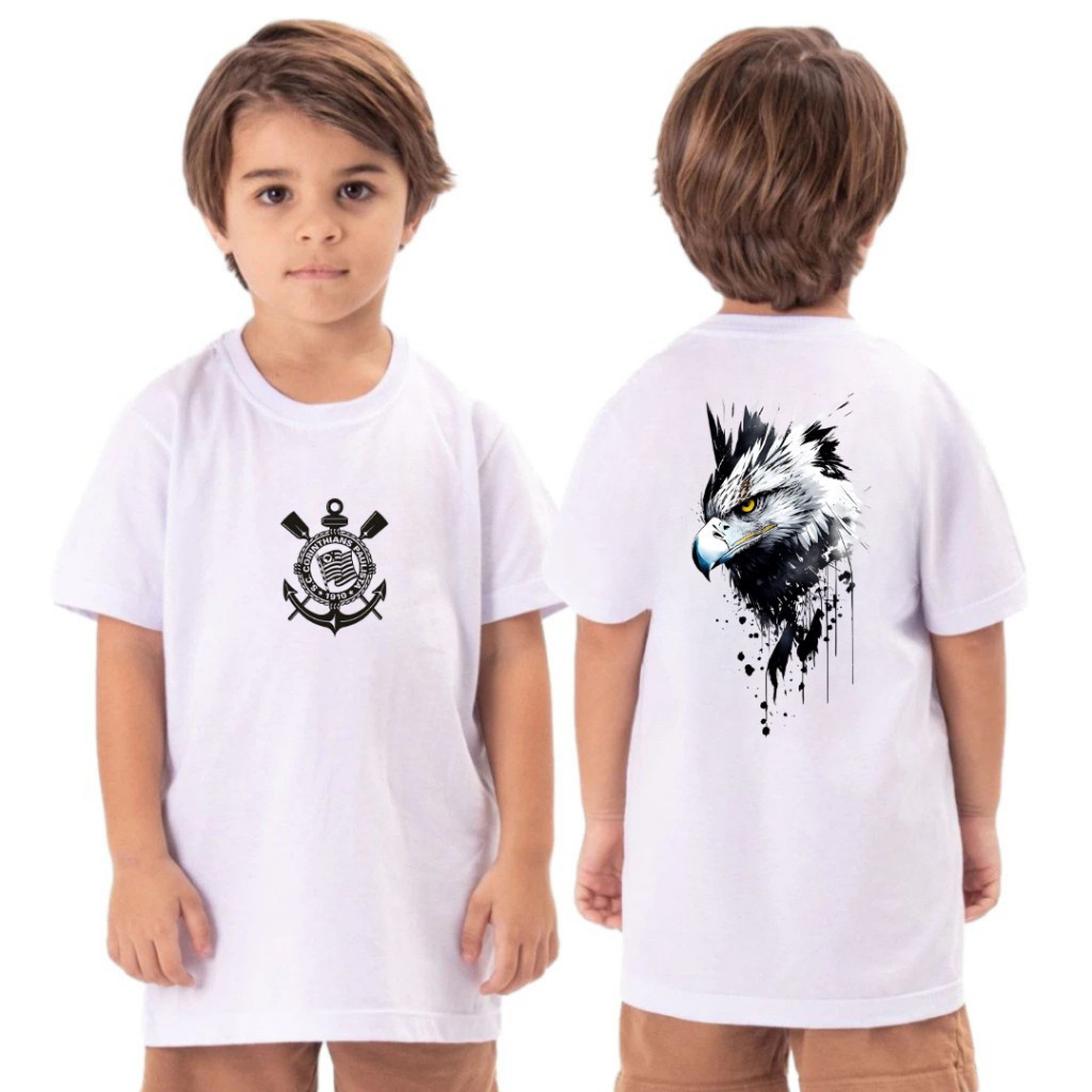 Camiseta Infantil Juvenil Unissex Gaviões Corinthians Estampada frente e atras gavião  Torcedor Camisa 100% Algodão