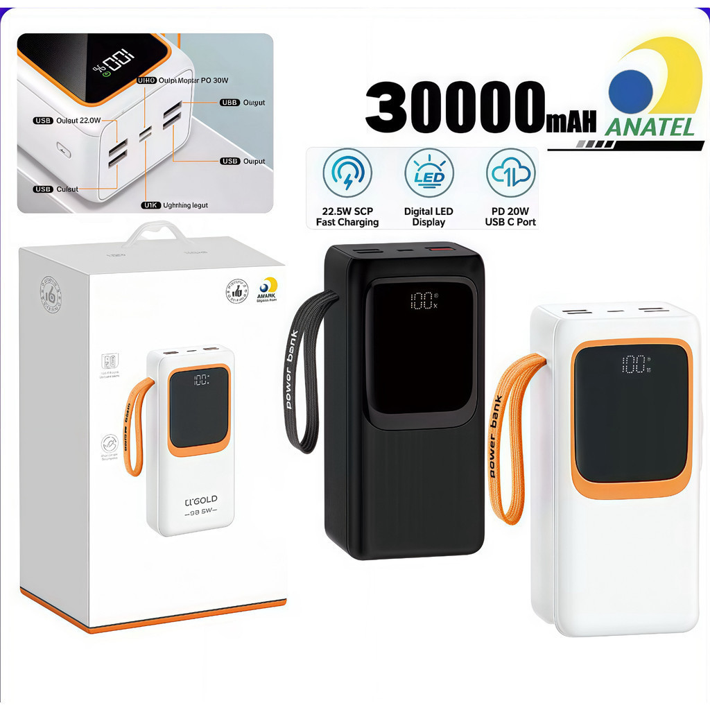 Carregador portátil Power Bank 30000mah PD 66W Carregamento rápido