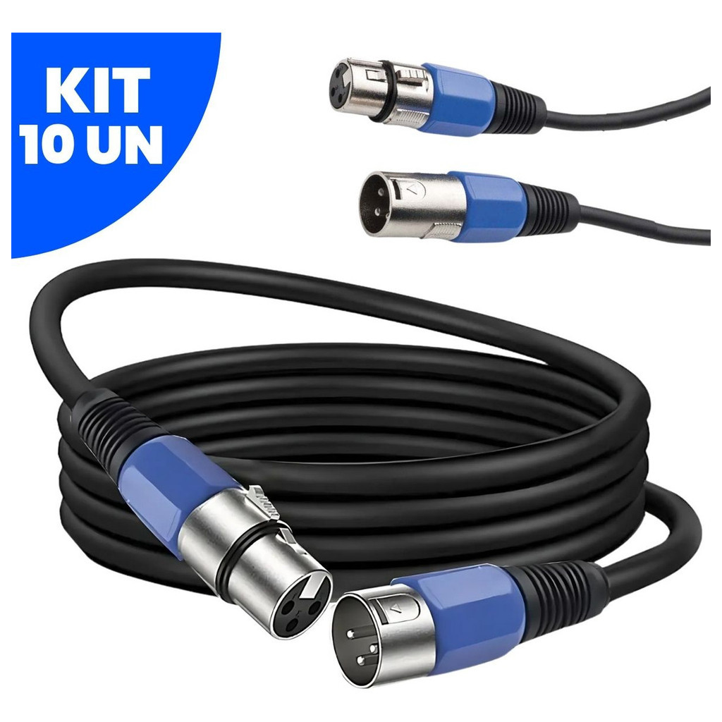 Kit 10 Cabos 5m Metros Xlr Cannon Macho Femea Balanceado Compativel Microfone Instrumento Caixa Mesa De Som Profissional