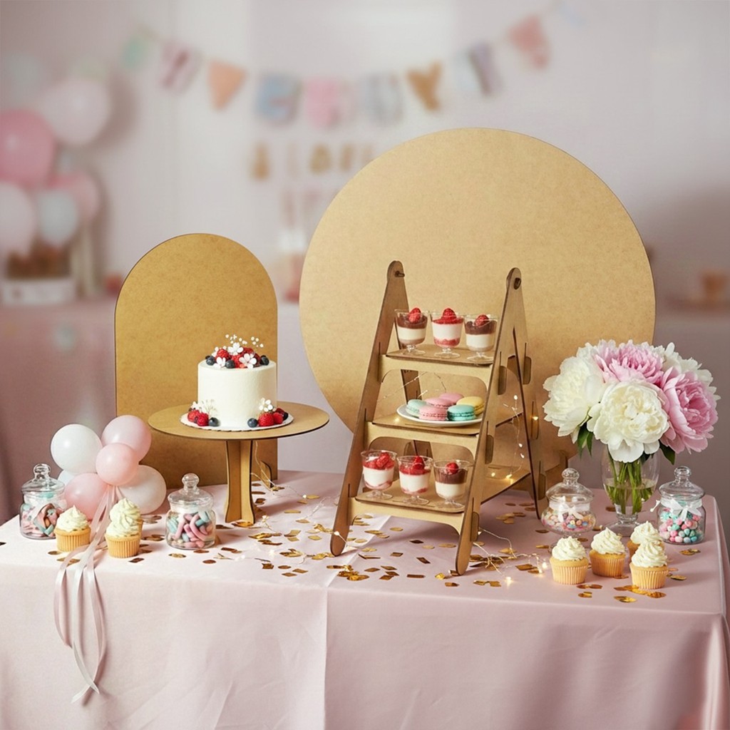 Kit Decoração Festa MDF Boleira Painel Redondo Romano Escada Estante em Oferta na Shopee