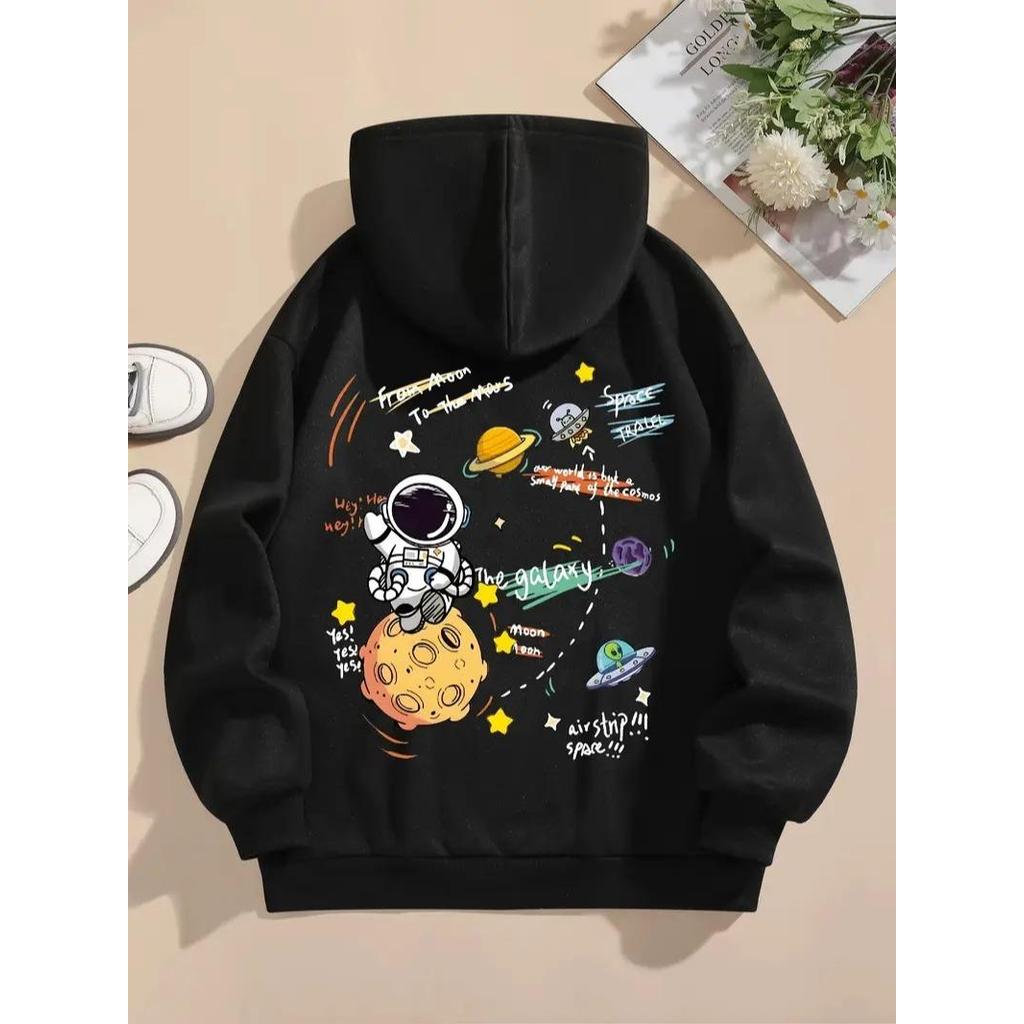 Blusa Casaco Moletom Frio Canguru Bolso Capuz Streetwear Casual feminino Unissex Estampa Space Travel astronauta Lua Top