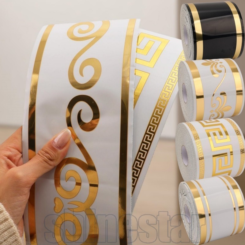 Adesivo De Rodapé Com Padrão Dourado 5M-Autoadesivo-Faixa De Acabamento De Parede Macia De PVC-Linha De Cintura De Borda