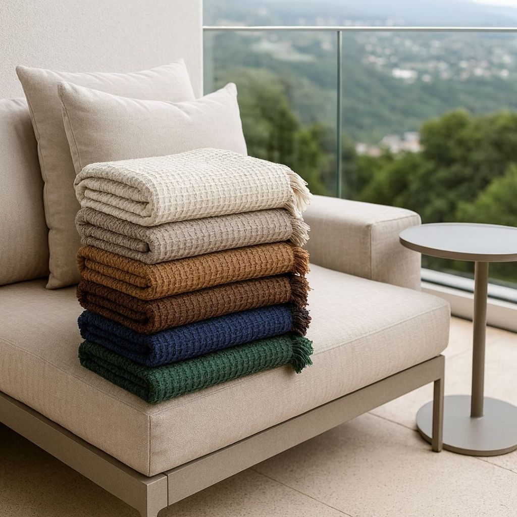 Manta de Sofá Piquet 100% Algodão Cru com Franjas – 1,50x2,10m | Decorativa Grande Estilo Boho