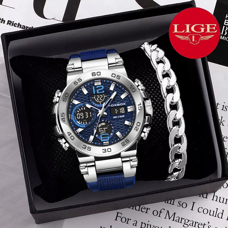 LIGE Relogio de pulso LED digital masculino com exibição dupla à prova d'água cronógrafo relógios de quartzo