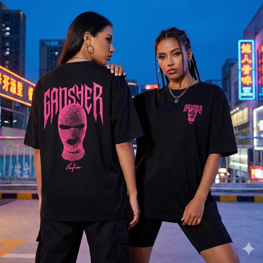Camiseta Oversized Feminina Estampa Pink Gangster 100% Algodão Fio 30.1 Camisa Streetwear Estilo Larga
